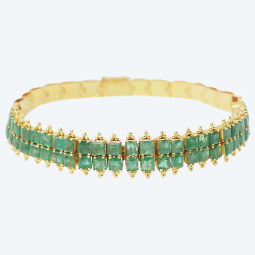 Bracelet souple ancien en or jaune et émeraudes