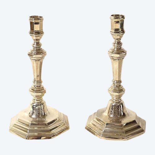 Pair of silver candlesticks Fermiers Généraux Laval André Lasnier Coat of arms 18th century