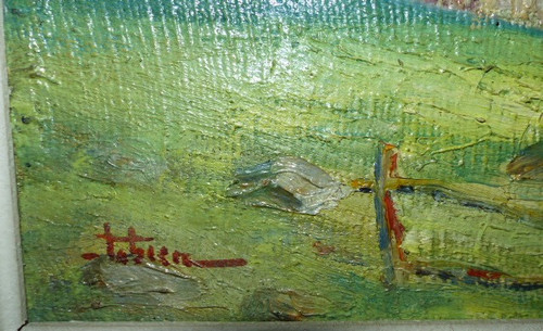 Tableau huile sur toile village Auron Nice (signé Fabien 1951)