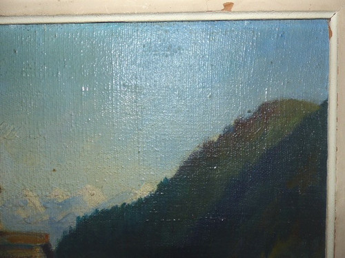 Tableau huile sur toile village Auron Nice (signé Fabien 1951)