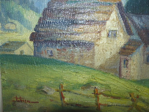 Tableau huile sur toile village Auron Nice (signé Fabien 1951)