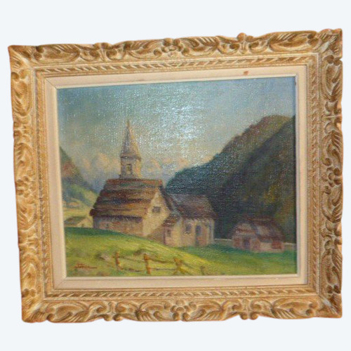 Tableau huile sur toile village Auron Nice (signé Fabien 1951)