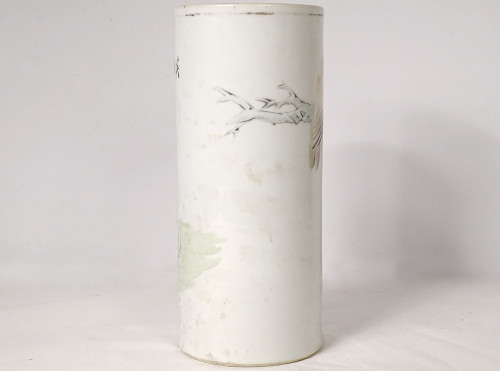 Porcelain Roller Vase China Dog Bird Tree Poem Signed Guangxu 19th