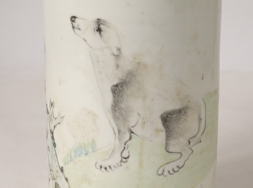 Porcelain Roller Vase China Dog Bird Tree Poem Signed Guangxu 19th