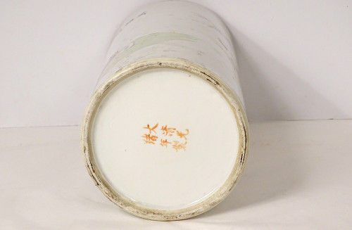 Porcelain Roller Vase China Dog Bird Tree Poem Signed Guangxu 19th