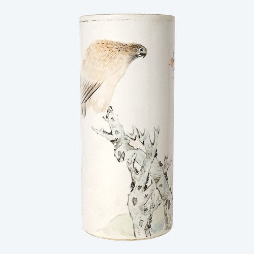 Porcelain Roller Vase China Dog Bird Tree Poem Signed Guangxu 19th