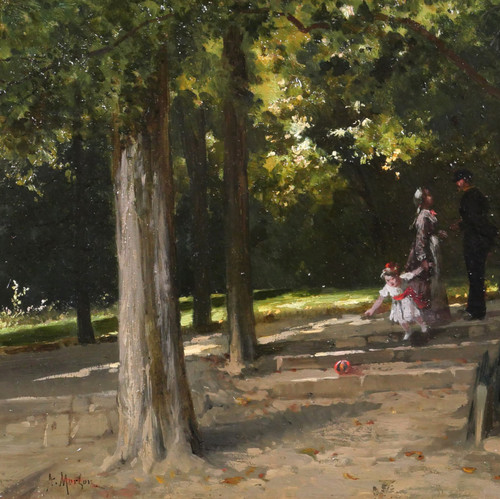 Antoine MORLON, The meeting in the park, impressionism painting, landscape, character, family