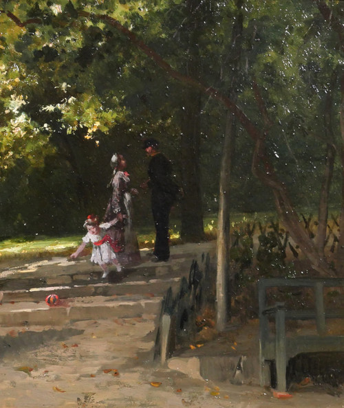 Antoine MORLON, The meeting in the park, impressionism painting, landscape, character, family