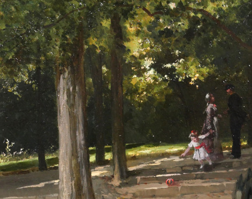 Antoine MORLON, The meeting in the park, impressionism painting, landscape, character, family
