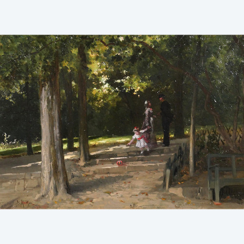 Antoine MORLON, The meeting in the park, impressionism painting, landscape, character, family