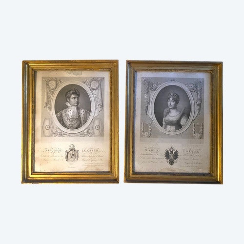Pair of framed engravings. First Empire. Imperial couple. Napoleon and Marie Louise of Austria.  