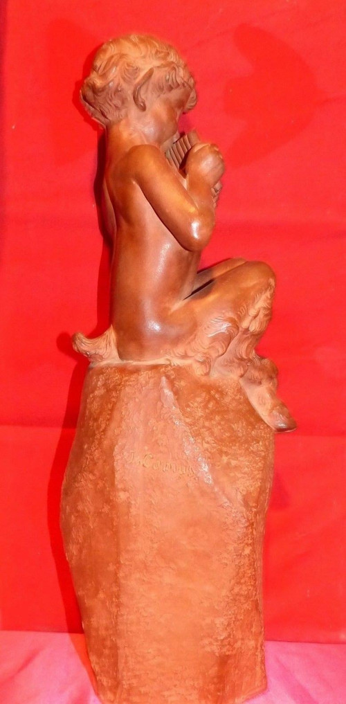 Fauno con cornamusa in terracotta di Jean Marie CAMUS (1877-1955)
