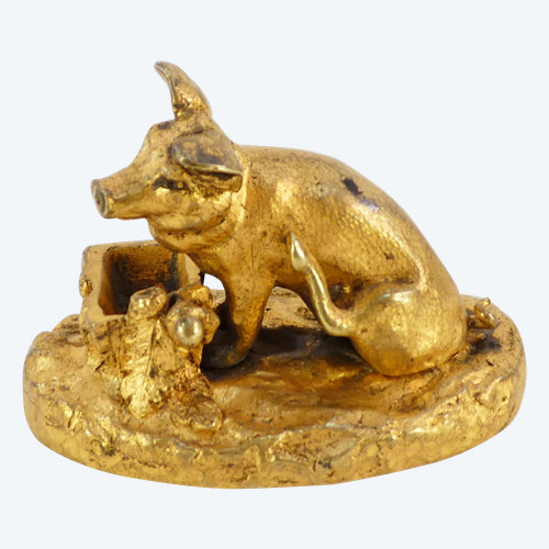 Kleines Schweinchen mit Kübel aus vergoldeter Bronze