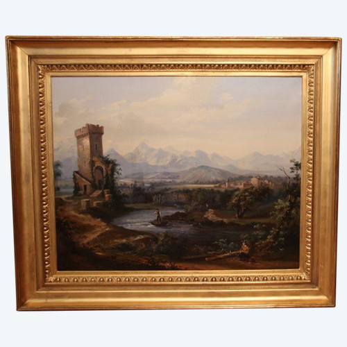 Grande dipinto di paesaggio romantico del XIX secolo