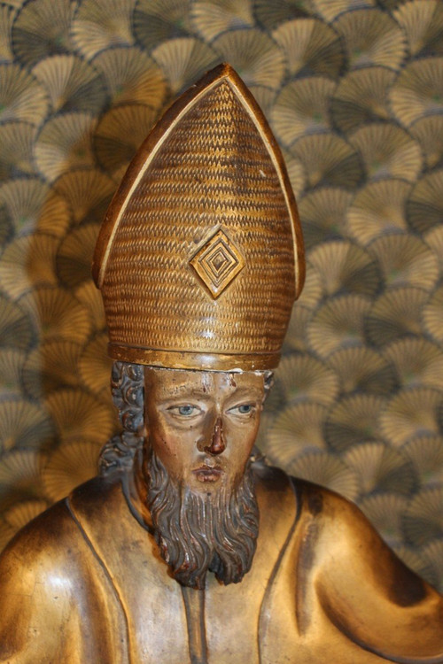 Große Statue eines Heiligen Bischofs aus vergoldetem Holz aus dem 18.