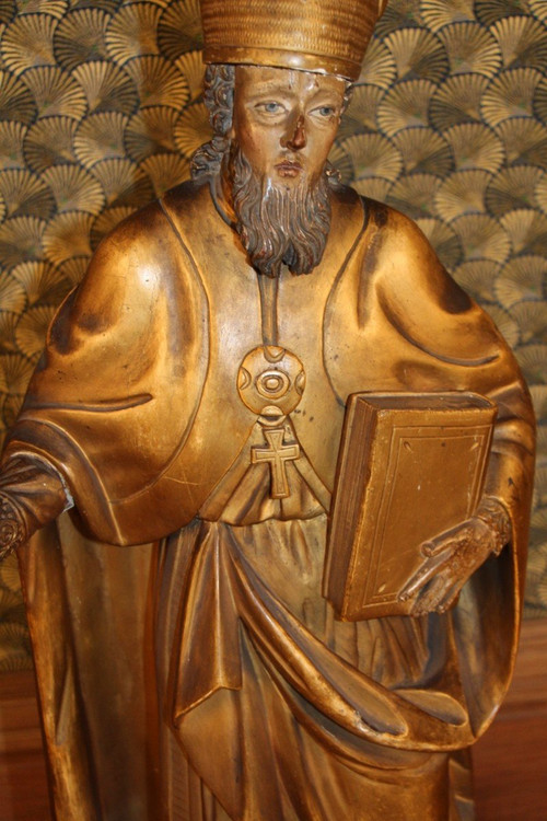 Große Statue eines Heiligen Bischofs aus vergoldetem Holz aus dem 18.