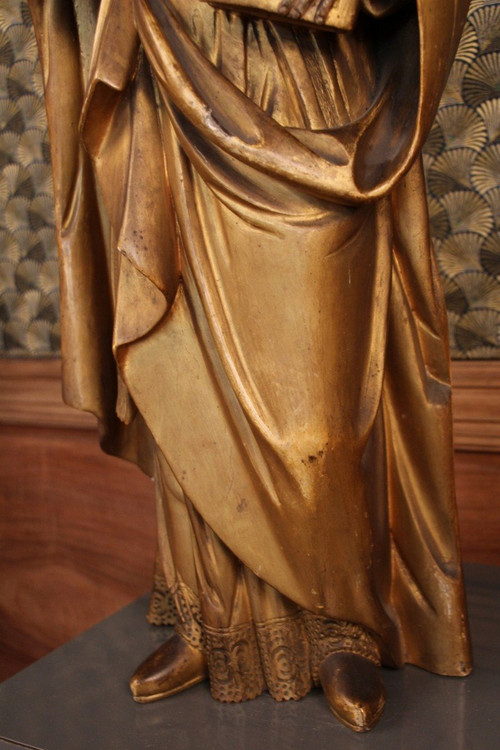 Große Statue eines Heiligen Bischofs aus vergoldetem Holz aus dem 18.