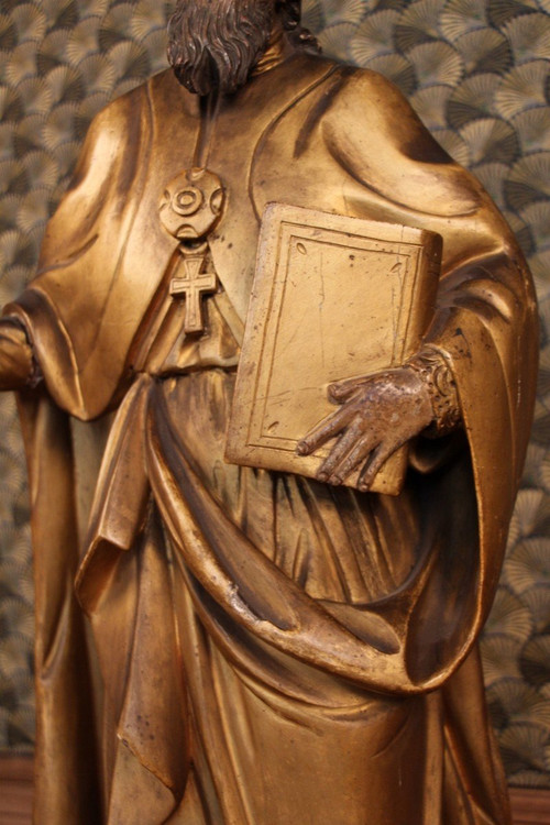 Große Statue eines Heiligen Bischofs aus vergoldetem Holz aus dem 18.