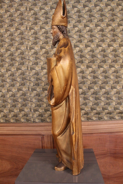 Große Statue eines Heiligen Bischofs aus vergoldetem Holz aus dem 18.