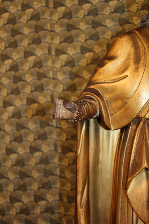 Große Statue eines Heiligen Bischofs aus vergoldetem Holz aus dem 18.