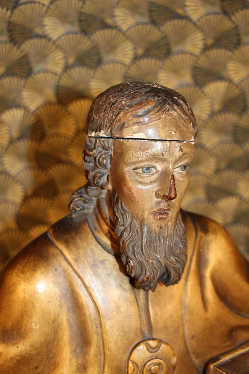Große Statue eines Heiligen Bischofs aus vergoldetem Holz aus dem 18.