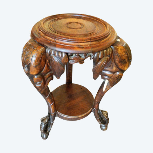Sellette - Noyer- Tripode- Louis Majorelle - Têtes d'éléphants - v. 1880.