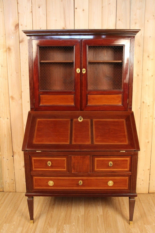 Scriban Bookcase In Solid Mahogany, 18th Century, Louis XVI, Port Furniture