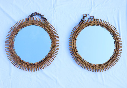 Pair Of Round Rattan And Bamboo Mirrors By Franco Albini
