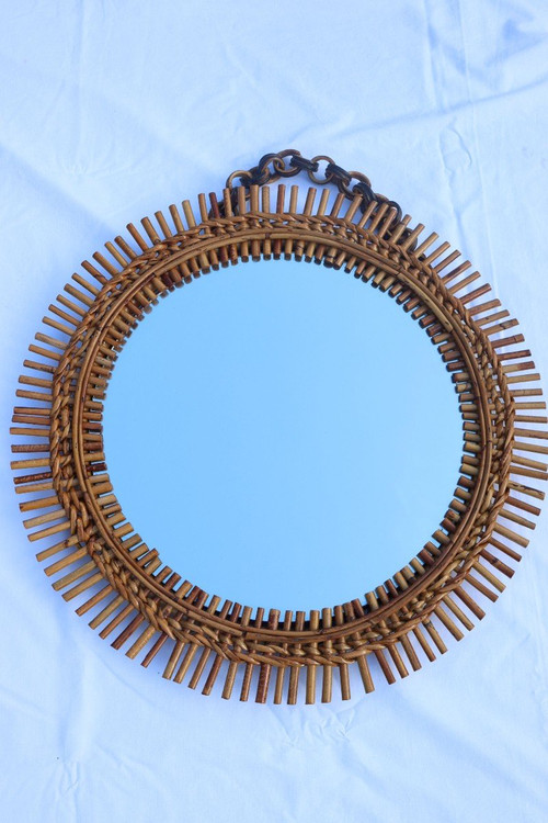 Pair Of Round Rattan And Bamboo Mirrors By Franco Albini