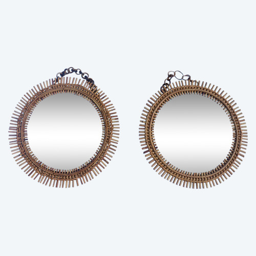 Pair Of Round Rattan And Bamboo Mirrors By Franco Albini