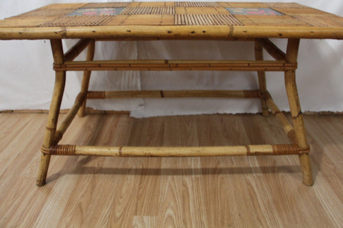 Coffee Table By Audoux Minet In Rattan And Ceramic From Vallauris Year 60's