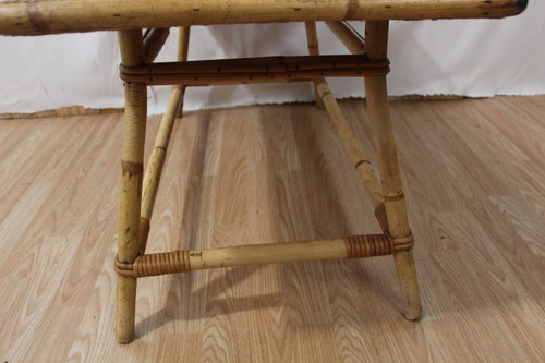 Coffee Table By Audoux Minet In Rattan And Ceramic From Vallauris Year 60's