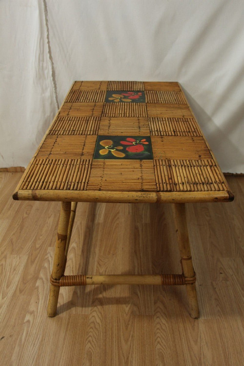 Coffee Table By Audoux Minet In Rattan And Ceramic From Vallauris Year 60's