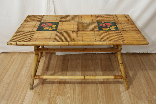 Coffee Table By Audoux Minet In Rattan And Ceramic From Vallauris Year 60's