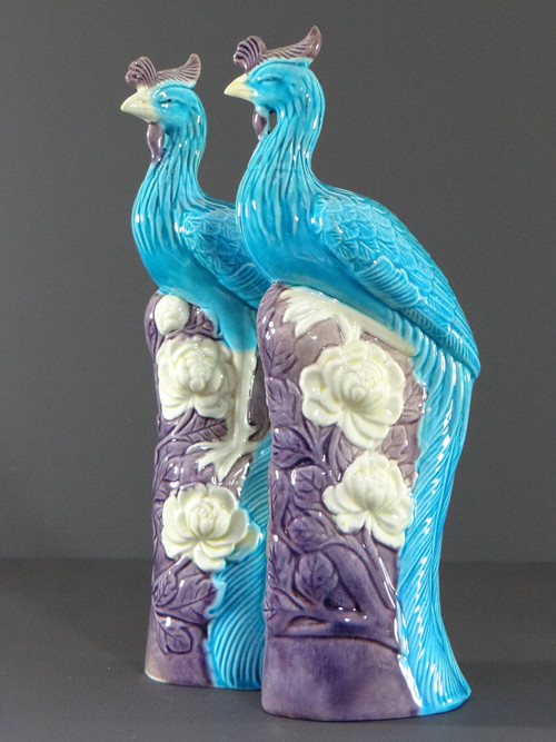 China, 1950s/1960s, Pair Of Porcelain Phoenixes In Shades Of Blue, White And Parma.