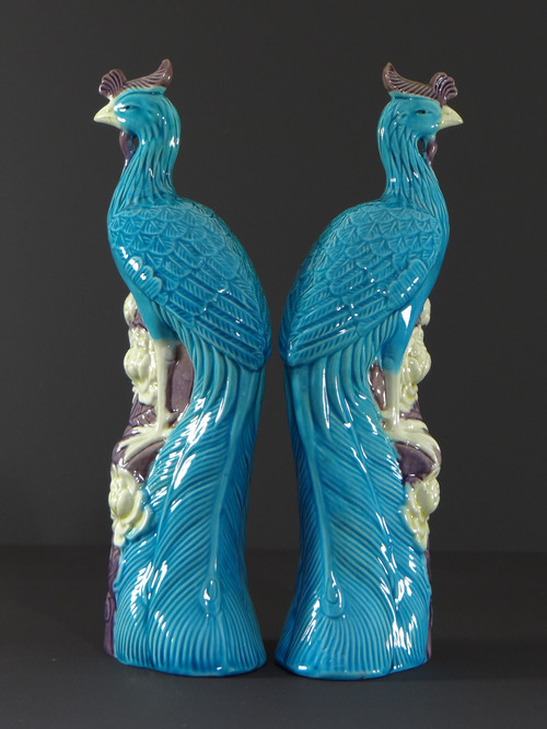 China, 1950s/1960s, Pair Of Porcelain Phoenixes In Shades Of Blue, White And Parma.