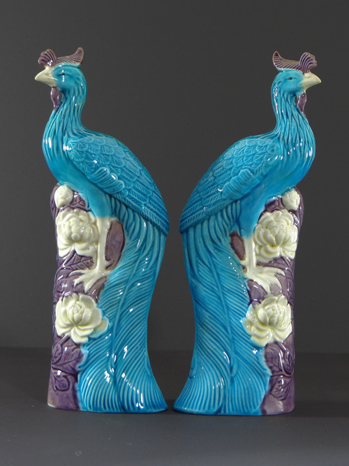China, 1950s/1960s, Pair Of Porcelain Phoenixes In Shades Of Blue, White And Parma.