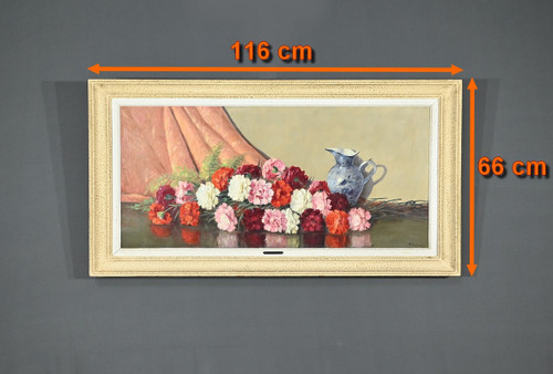 Grande olio su tela "Bouquet de Pivoines" di P. Dolzan - 1930