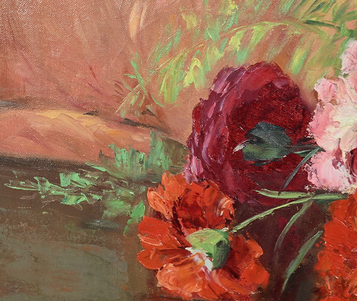 Grande olio su tela "Bouquet de Pivoines" di P. Dolzan - 1930