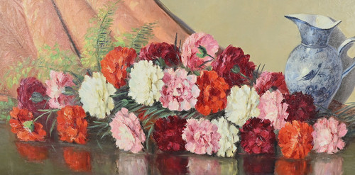 Grande olio su tela "Bouquet de Pivoines" di P. Dolzan - 1930