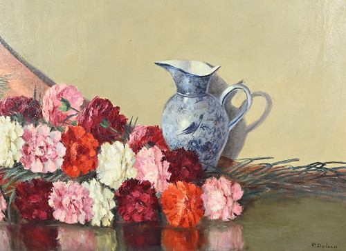 Grande olio su tela "Bouquet de Pivoines" di P. Dolzan - 1930