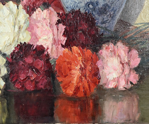 Grande olio su tela "Bouquet de Pivoines" di P. Dolzan - 1930