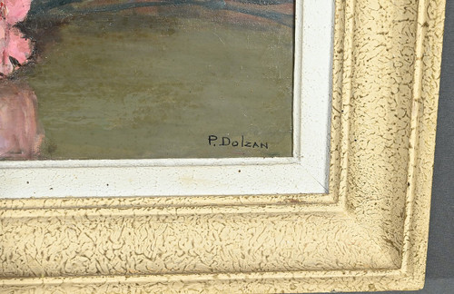 Grande olio su tela "Bouquet de Pivoines" di P. Dolzan - 1930