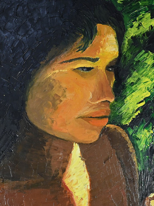 Grande olio su tela "La Tahitienne" firmato Morillon - 1985
