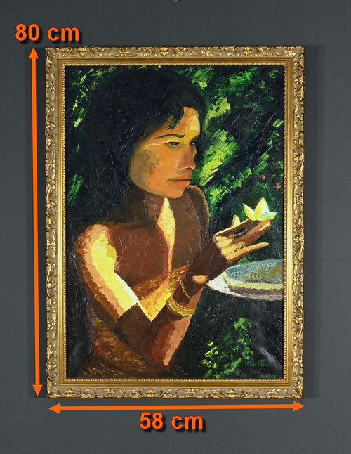 Grande olio su tela "La Tahitienne" firmato Morillon - 1985