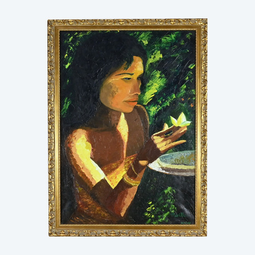 Grande olio su tela "La Tahitienne" firmato Morillon - 1985