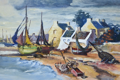 Peinture Marine « Littoral Breton » signée Marijane le Goaster – 1985