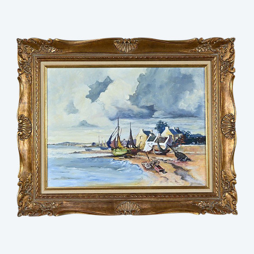 Peinture Marine « Littoral Breton » signée Marijane le Goaster – 1985