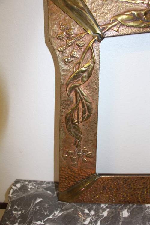 Art Nouveau Period Frame In Repoussé Copper Signed De Guillaumont