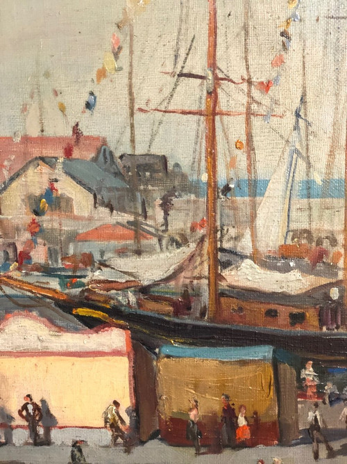 Großes Ölgemälde auf Leinwand Zirkus und Jahrmarkt in der Nähe des Meeres signiert Sorot 52 (?)